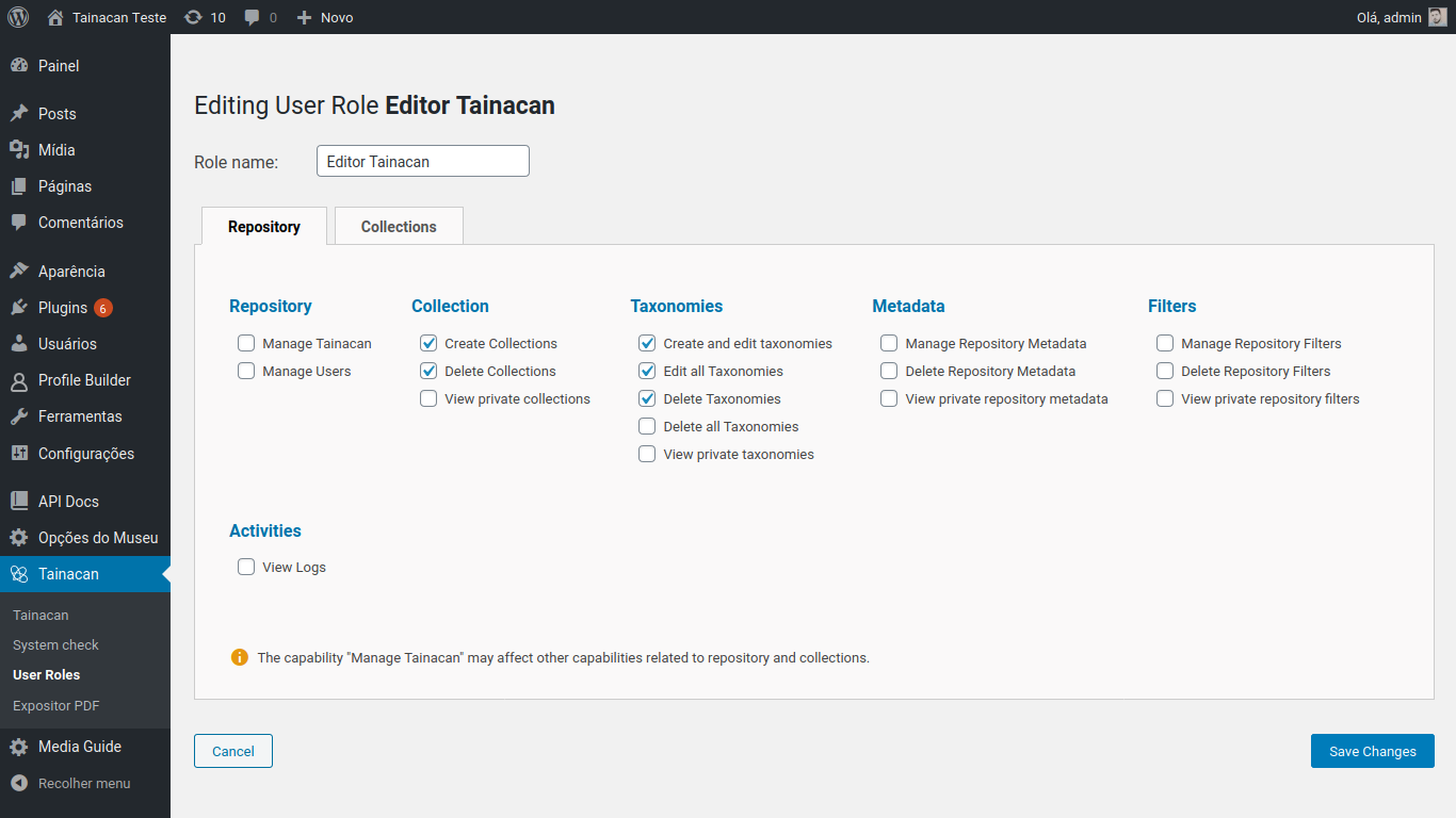 Tela de Configuração de uma Função de Usuário, aba Repositório